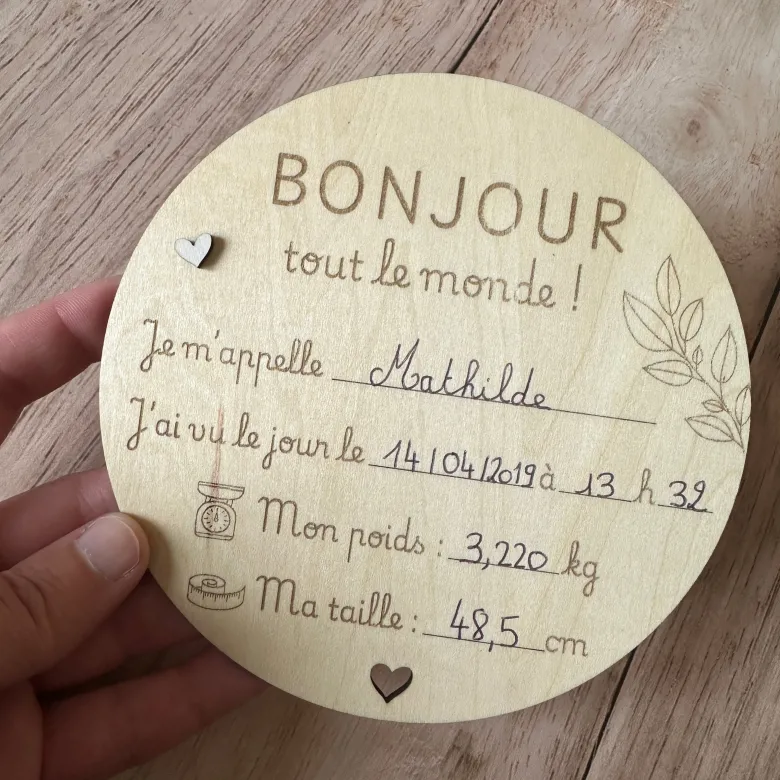 Faire part de naissance en bois à compléter
