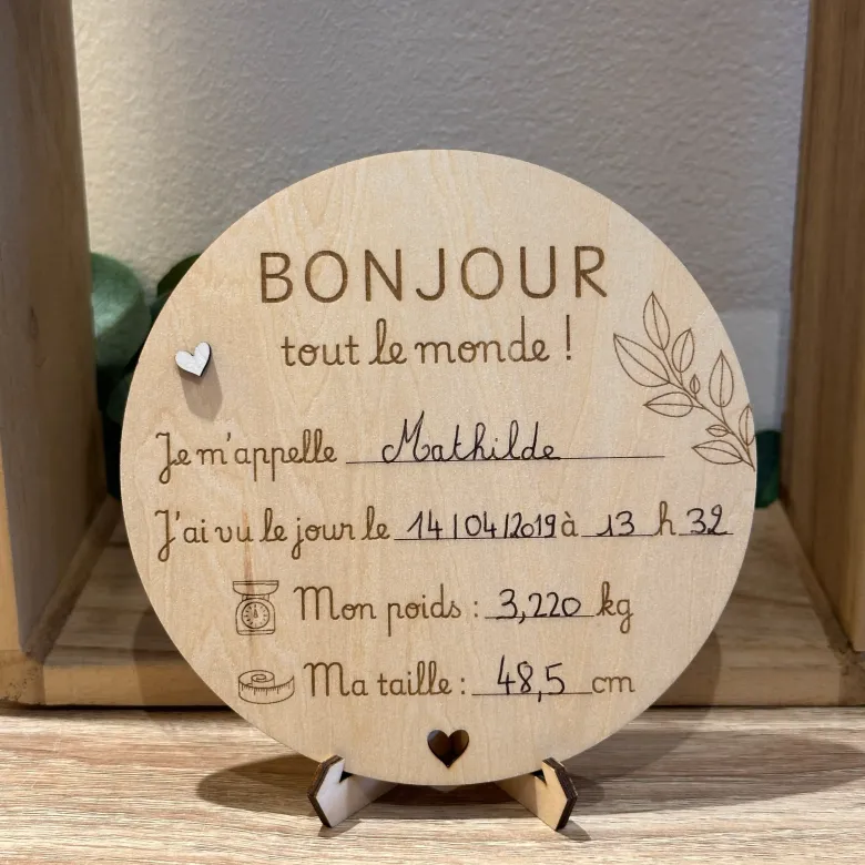 Faire part de naissance en bois à compléter