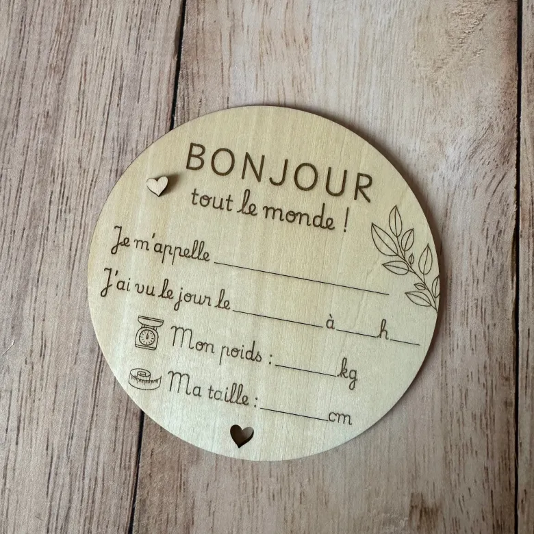 Faire part de naissance en bois à compléter