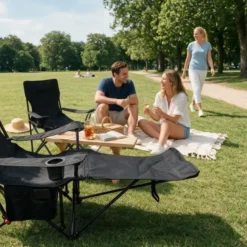 Fauteuil de camping inclinable 3 positions, repose-pied détachable noir