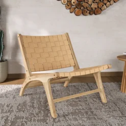 Fauteuil en teck et cuir tressé beige - kuna