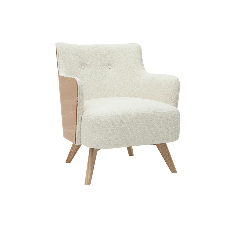 Fauteuil en tissu effet laine bouclée blanc cassé et bois clair valmy