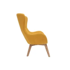 Fauteuil en tissu effet velours jaune moutarde et bois eskua