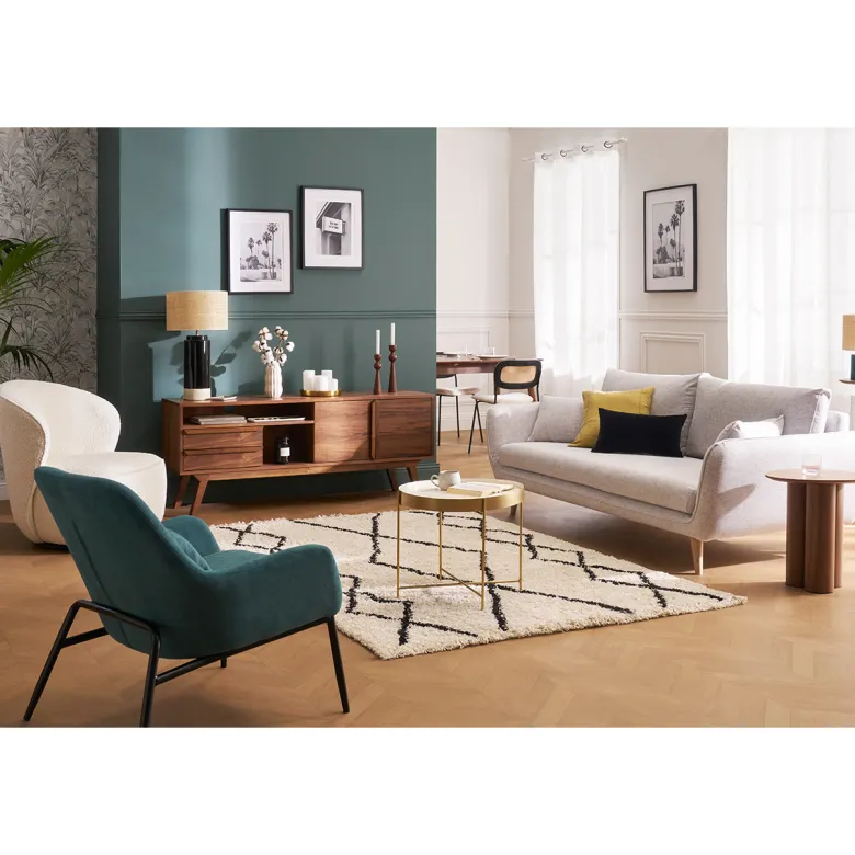 Fauteuil en tissu effet velours bleu canard et métal noir maxine