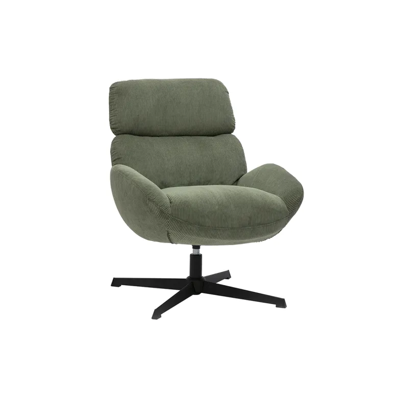 Fauteuil pivotant en tissu velours côtelé vert kaki et métal noir klem