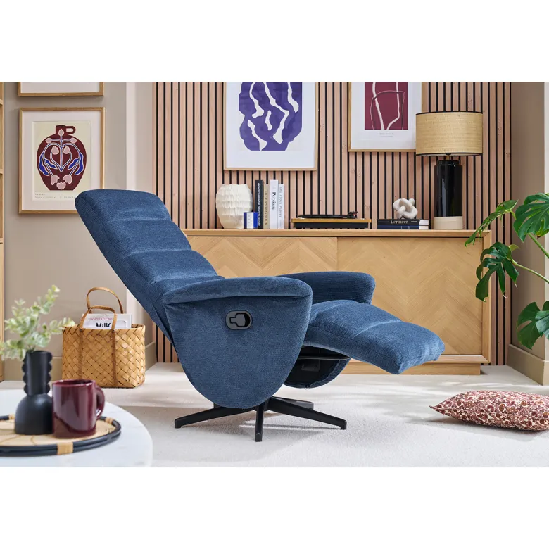 Fauteuil pivotant relax manuel en tissu chenille bleu foncé nelson