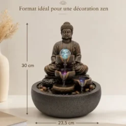 Fontaine d'intérieur bouddha zen shanti, cascade 3 niveaux et boule de verre led