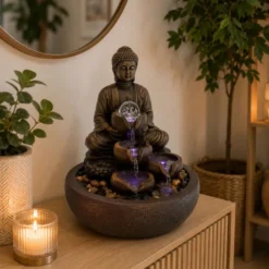 Fontaine d'intérieur bouddha zen shanti, cascade 3 niveaux et boule de verre led