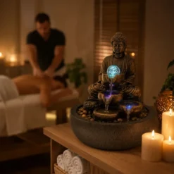 Fontaine d'intérieur bouddha zen shanti, cascade 3 niveaux et boule de verre led