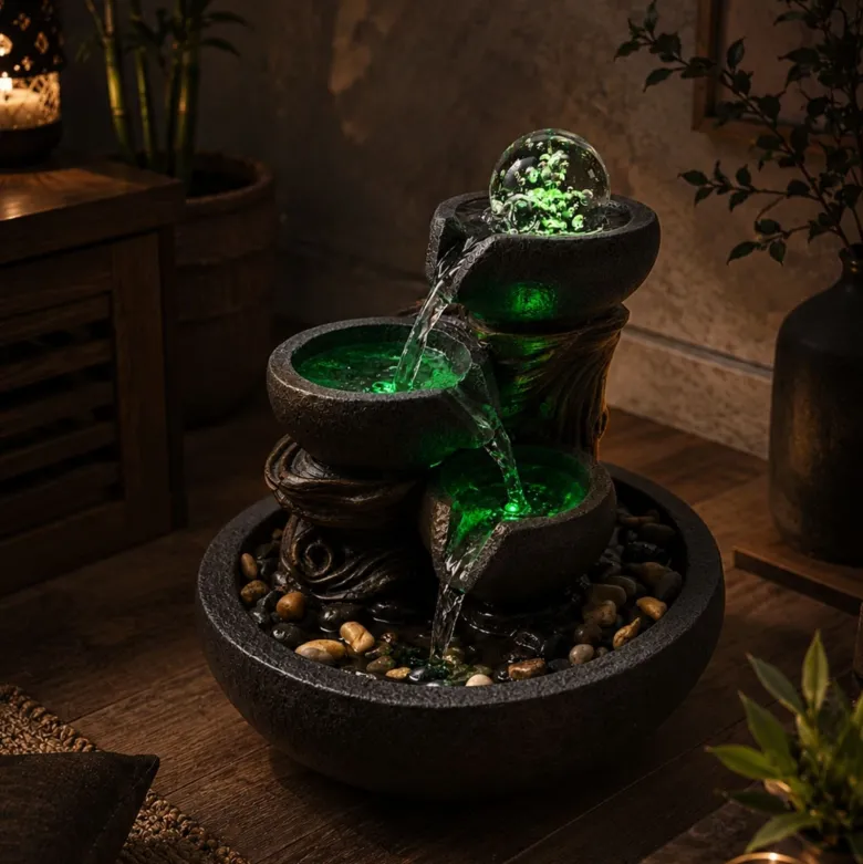 Fontaine d'intérieur nature yggra, cascade 3 niveaux et boule de verre led