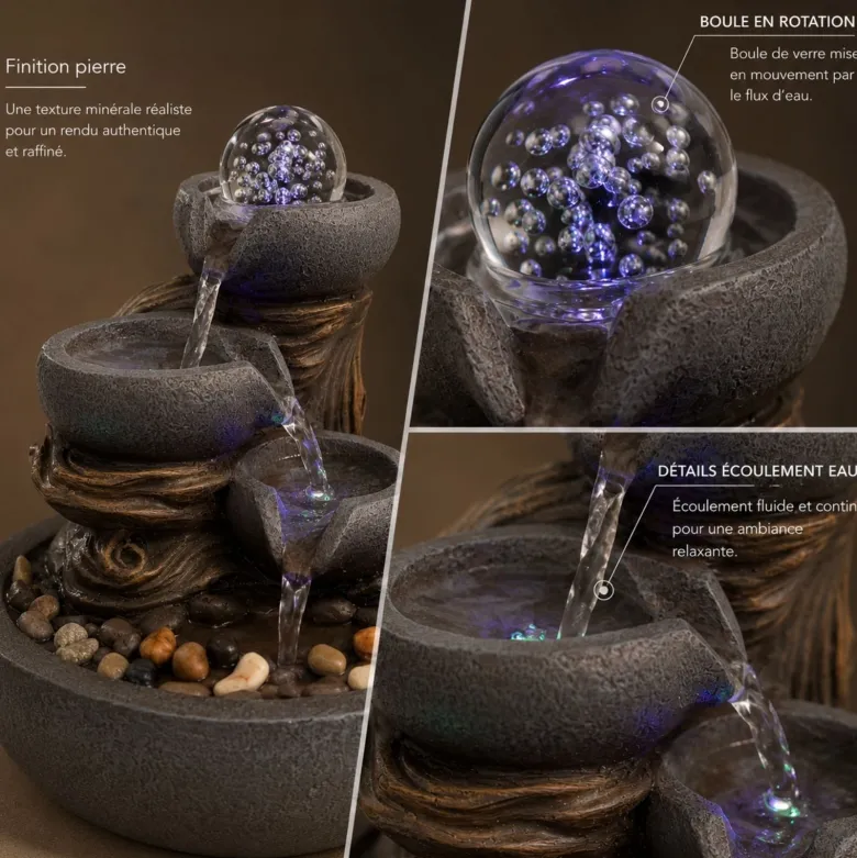 Fontaine d'intérieur nature yggra, cascade 3 niveaux et boule de verre led