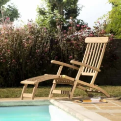 Fun - chaise longue de jardin en bois teck brut