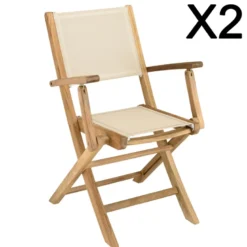 Fun - lot de 2 fauteuils pliants bois teck textilène couleur beige