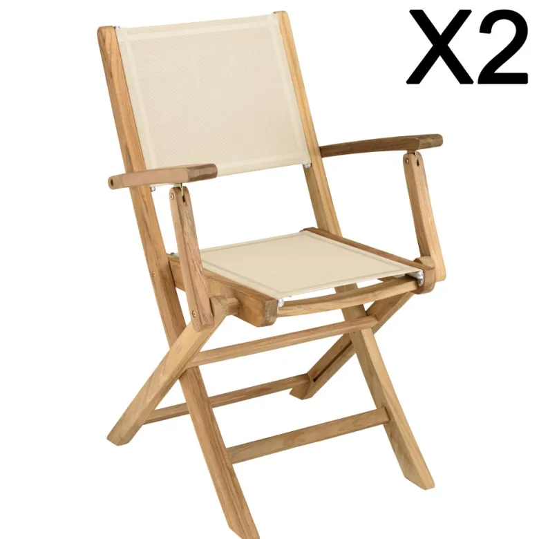 Fun - lot de 2 fauteuils pliants bois teck textilène couleur beige