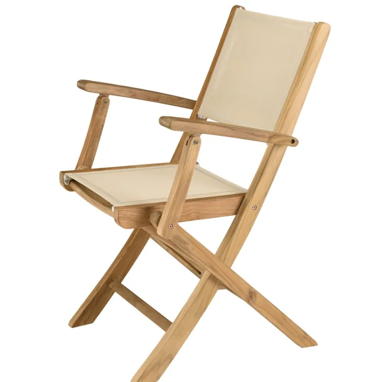 Fun - lot de 2 fauteuils pliants bois teck textilène couleur beige