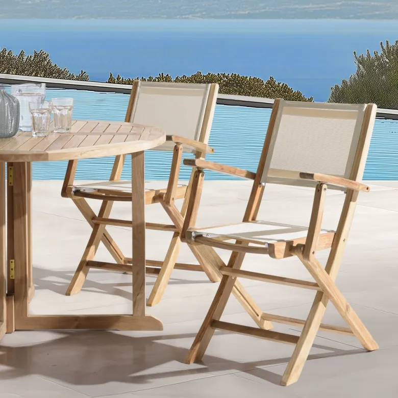 Fun - lot de 2 fauteuils pliants bois teck textilène couleur beige
