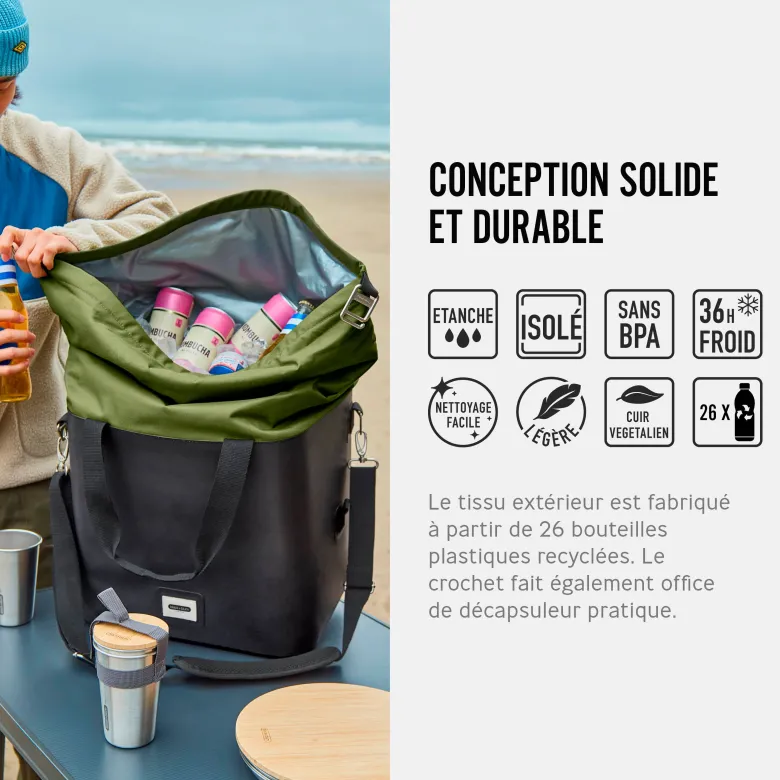 Glacière isotherme-olive-25 litres-contenir 30 canettes-36h glacé-tissu recyclé Olive