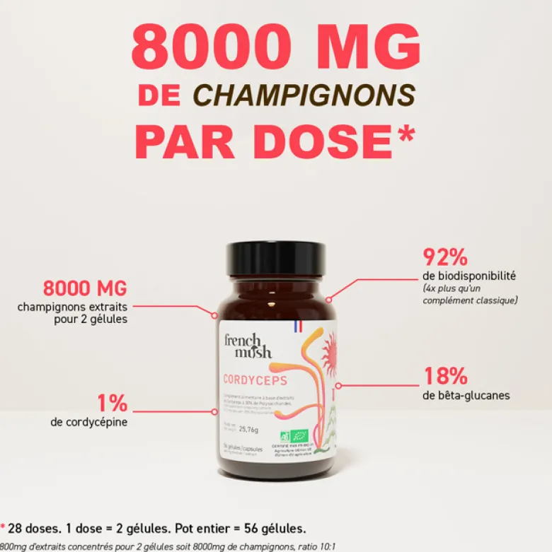 Gélules à l'extrait de cordyceps énergie, performance, libido French Mush