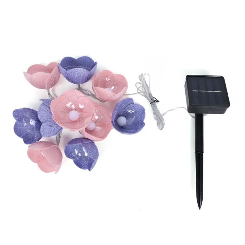 Guirlande solaire décorative extérieur fleurs en coton rose et bleu