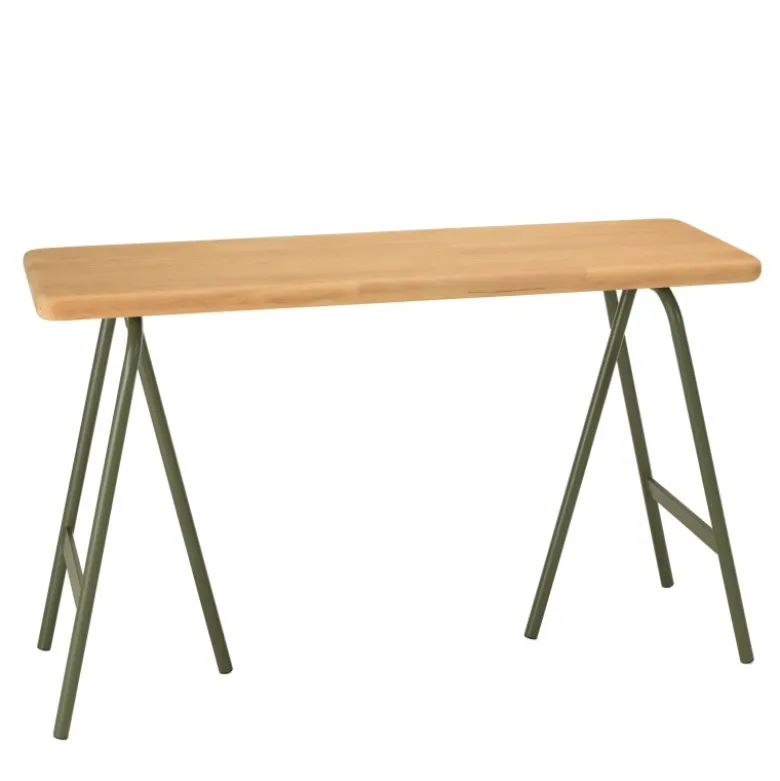 Helena - console plateau en bois pin et pieds tréteaux en métal vert
