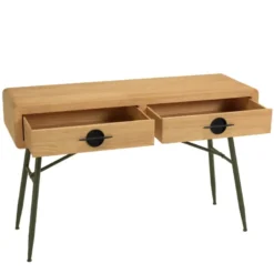 Helena - console 2 tiroirs en bois pin et pieds métal vert