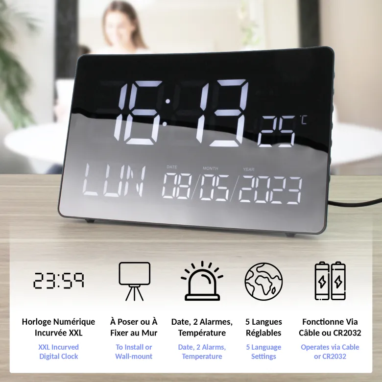 Horloge curve xxl écran incurvé heure température 2 alarmes