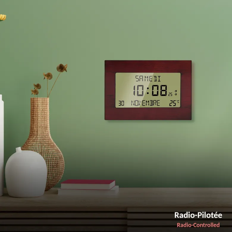 Horloge réveil murale - écran lcd large - design effet bois élégant