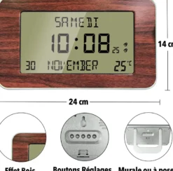 Horloge réveil numérique - heure, date, température - design bois élégant