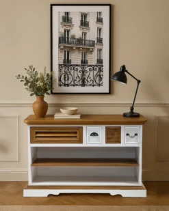 Inda - console en bois de sungkai - blanc et naturel