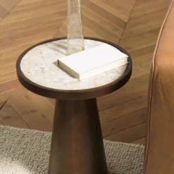 James - table d'appoint 40x40cm plateau marbre pied en manguier foncé