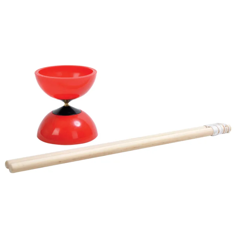 Jeu de Diabolo rouge avec baguettes en bois et filet de transport