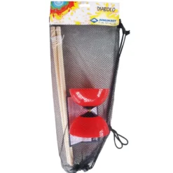 Jeu de Diabolo rouge avec baguettes en bois et filet de transport