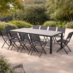 Lagos ensemble table de jardin 200 cm en aluminium et 10 chaises pliantes