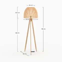 Lampadaire trépied en rotin et bois de teck massif - corte