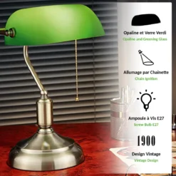 Lampe de banquier verte vintage abat jour opaline bureau salon