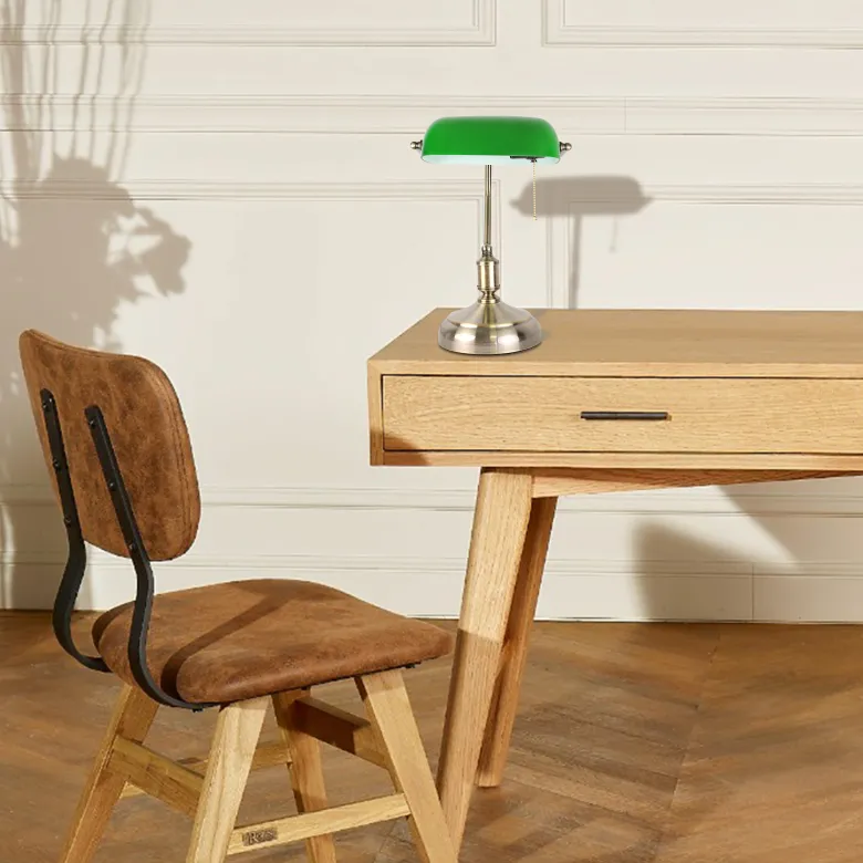 Lampe de banquier verte vintage abat jour opaline bureau salon