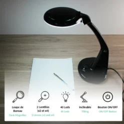 Lampe loupe de bureau sur bras articulé en verre optique 40 led zoom x2 et x4