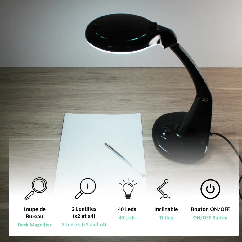 Lampe loupe de bureau sur bras articulé en verre optique 40 led zoom x2 et x4