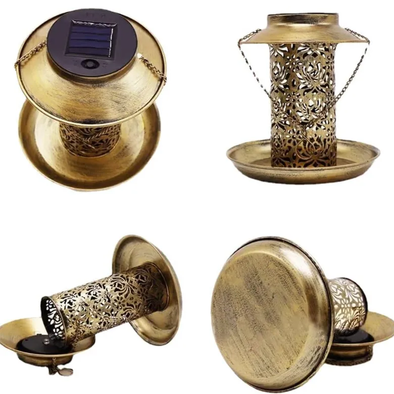 Lanterne solaire mangeoire à oiseaux fer bronze led chaude jardin