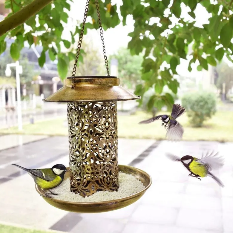 Lanterne solaire mangeoire à oiseaux fer bronze led chaude jardin