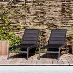 Lot de 2 bains de soleil barbados en textilène noir - alu anthracite