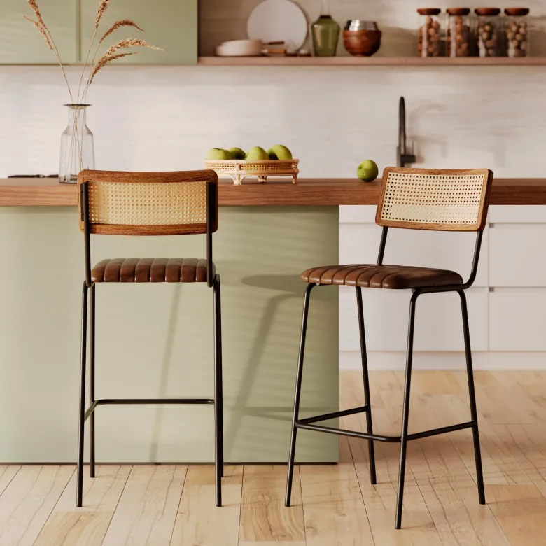 Lot de 2 chaises de bar 76 cm en cannage et cuir marron - arsène