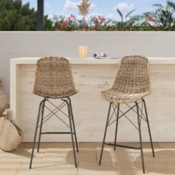 Lot de 2 chaises de bar de jardin 63 cm en résine tressée marron - tiptur