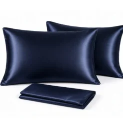 Lot de 2 taies d'oreiller satin effet soie 50x70 cm, bleu nuit