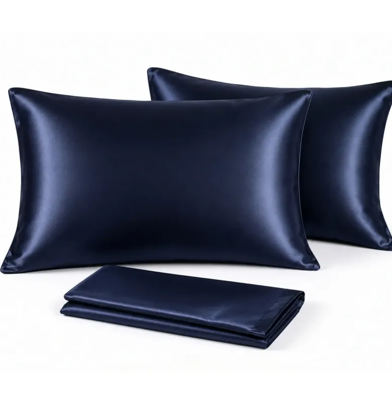 Lot de 2 taies d'oreiller satin effet soie 50x70 cm, bleu nuit