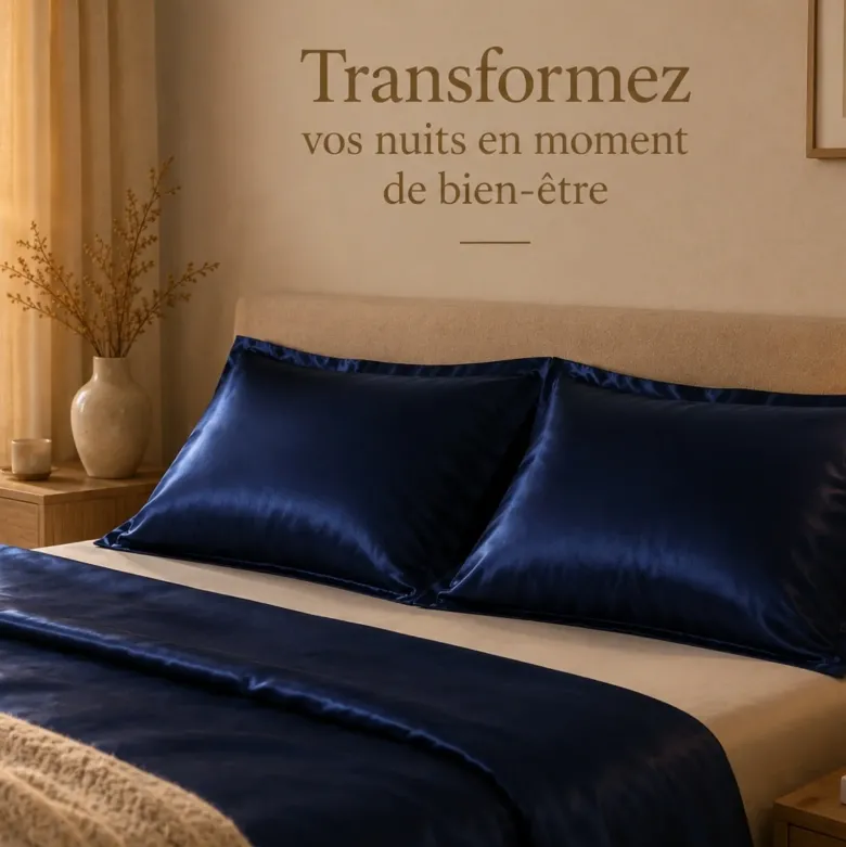 Lot de 2 taies d'oreiller satin effet soie 50x70 cm, bleu nuit