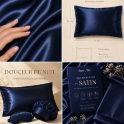 Lot de 2 taies d'oreiller satin effet soie 50x70 cm, bleu nuit