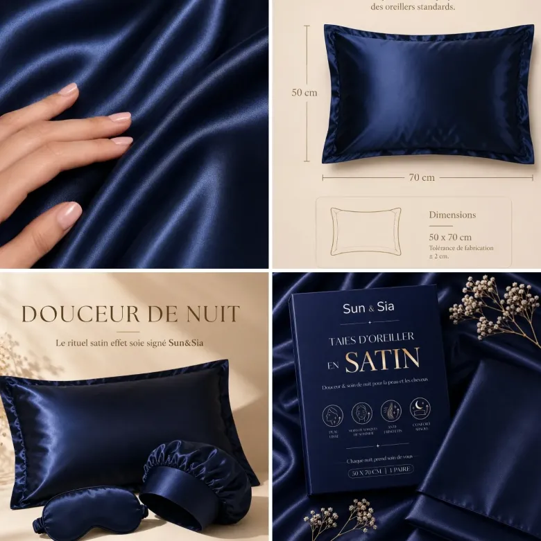 Lot de 2 taies d'oreiller satin effet soie 50x70 cm, bleu nuit