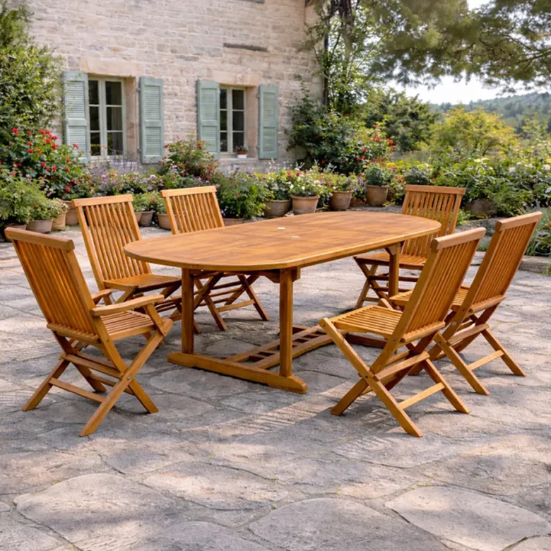 Lubok salon de jardin teck huilé 6 pers - table ovale 4 chaises 2 fauteuils