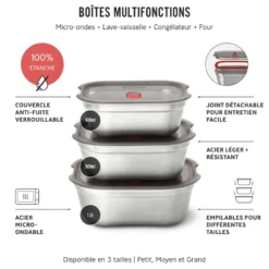Lunch box en inox micro-ondable set de 3 mix (600-900-1200ml)